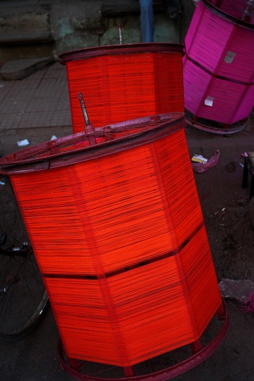 Kite string for sale in Baroda, Gujarat, India ahead of the annual Uttarayan, or Makar Sakranti, kite flying festival. Photo by Angus McDonald