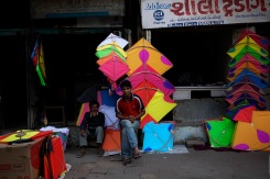 Kites for sale in Baroda, Gujarat, India ahead of the annual Uttarayan, or Makar Sakranti, kite flying festival. Photo by Angus McDonald